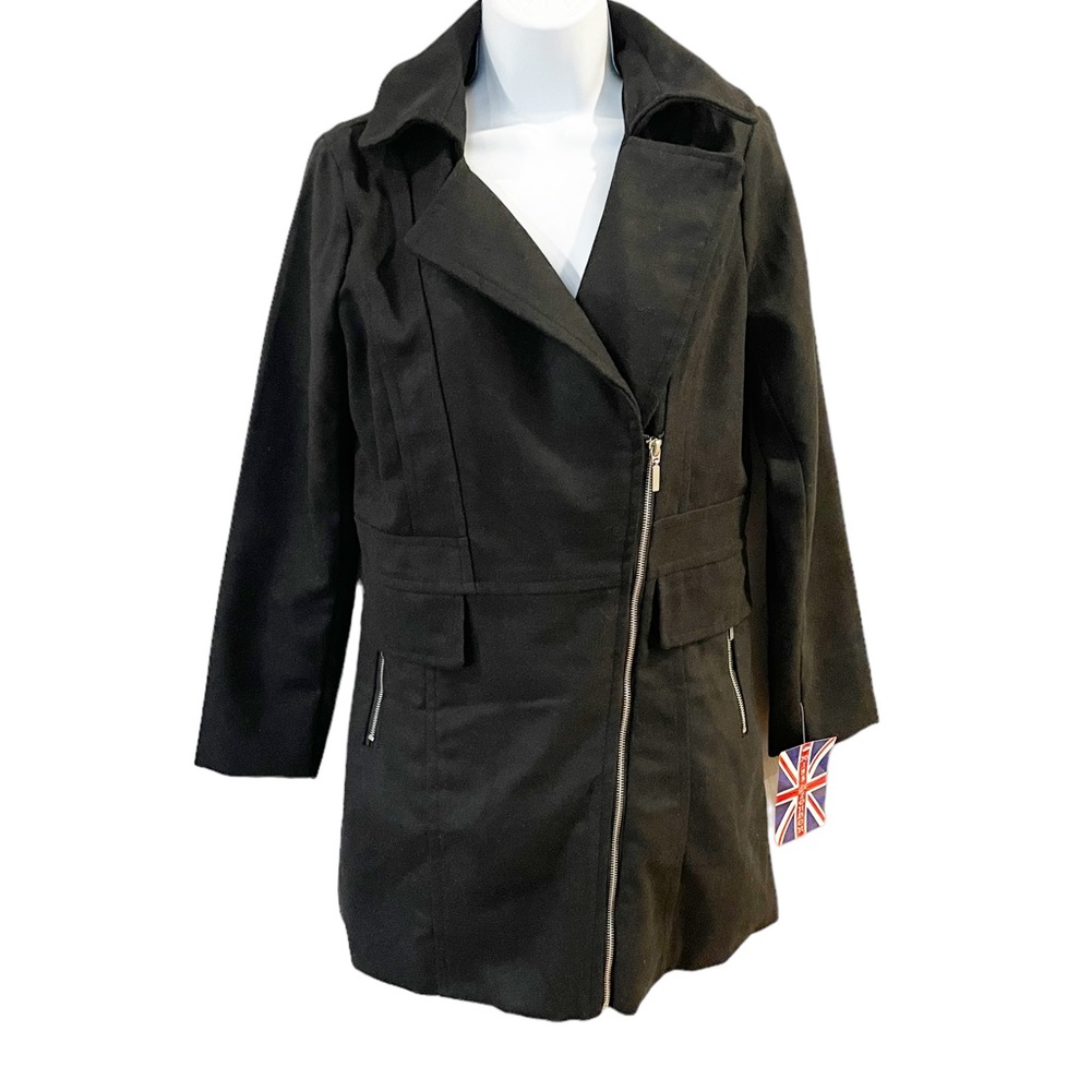 NWT Miss London Wool Blend Assymetrical Zip Peacoat Size Large - Picture 1 of 11